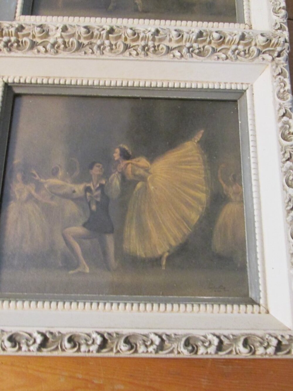 2 Vtg framed Under Glass Ballerina couple signed Sophie white gold wood frames - Picture 2 of 15